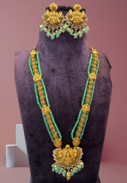 Traditional antique beads mala with laxmi God motive green stone hangings